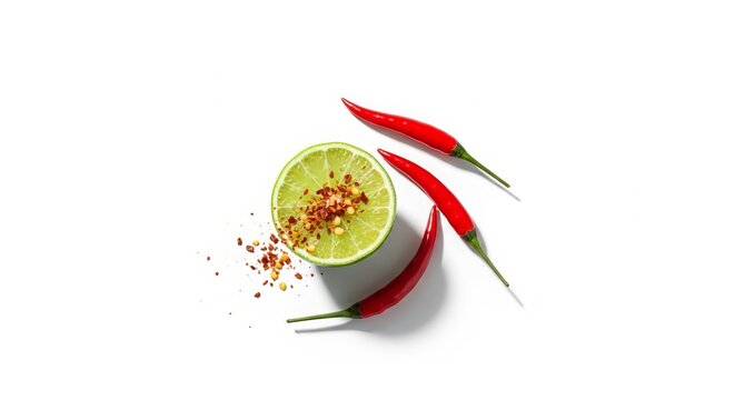 Fresh green lime half topped with chili flakes and three whole red hot peppers on clean white background minimalist flat lay composition for spicy food theme.