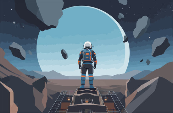 Astronaut Standing on Alien Planet with Asteroids