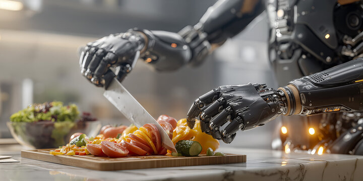 Robotic units craft fresh salads. Mechanical arms assemble colorful nutritious greens