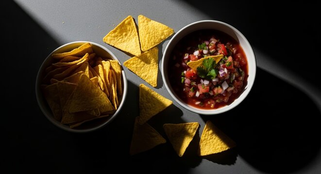 Bowl of spicy mexican tomato salsa dip with fresh cilantro onion and crispy golden corn tortilla chips on dark slate background with dramatic side lighting view.