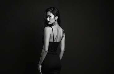 Fototapeta premium Black and white photo of a woman in a black dress looking over her shoulder with elegant jewelry. She has long dark hair and a graceful pose against a dark background.