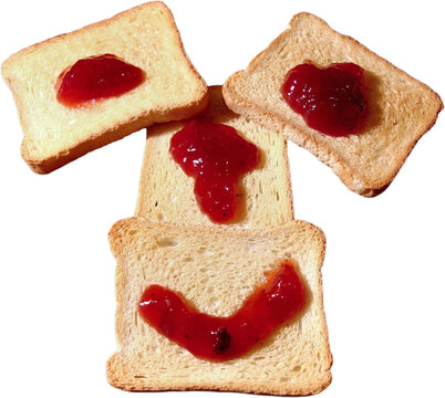 Quatre biscottes avec confiture de fraises dispos&eacute;e en &laquo; regard &raquo; !