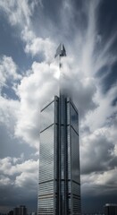 Obraz premium Dramatic Skyscraper Soaring into Cloudy Sky in Cityscape.