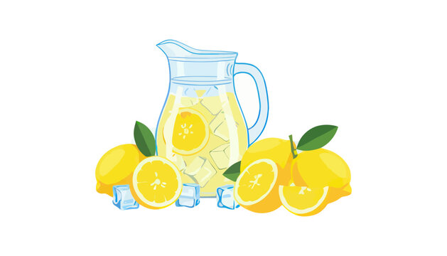 Glass pitcher of fresh lemonade with ice and lemons on a white background