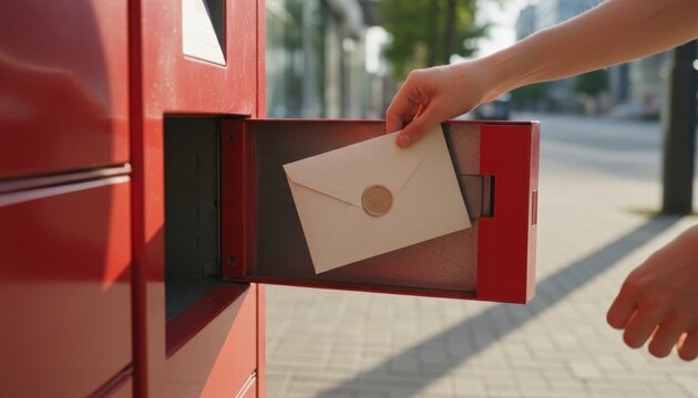 Hand inserting envelope into automated parcel locker with red door open for secure delivery and contactless shipping