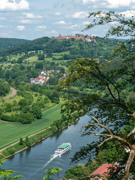 View of the idyllic Neckar Valley in Germany with the Dilsberg mountain fortress in the background