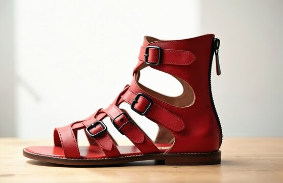 Red leather gladiator sandals for women. Features buckles straps and zipper closure. Flat sole comfortable summer footwear for casual or beach wear. Elegant stylish shoe.