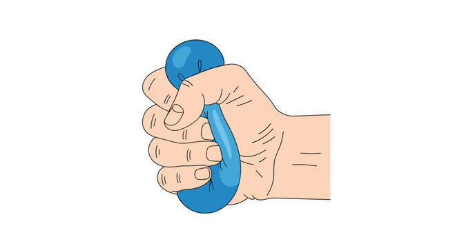 A detailed side profile illustration depicts a hand forcefully squeezing a blue malleable stress ball against a clean white background with minimal shadows.
