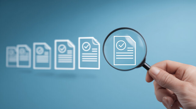 document management, file search and auditing, hold magnifier to search file, audit documents, magnifying glass verification, Hand holding magnifying glass focusing on digital document icons