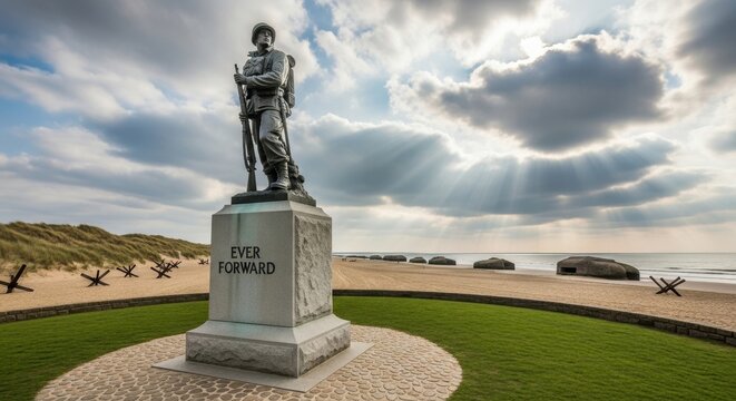 Dramatic Statue of a Soldier at Omaha Beach, Normandy, France.