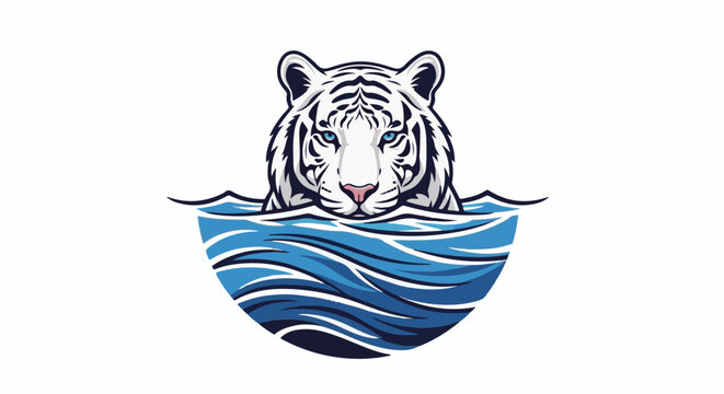 Fierce white tiger emerges from vibrant blue water waves