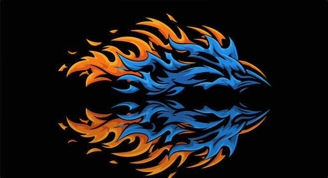 Fiery blue and orange abstract flames swirl and reflect on a dark background