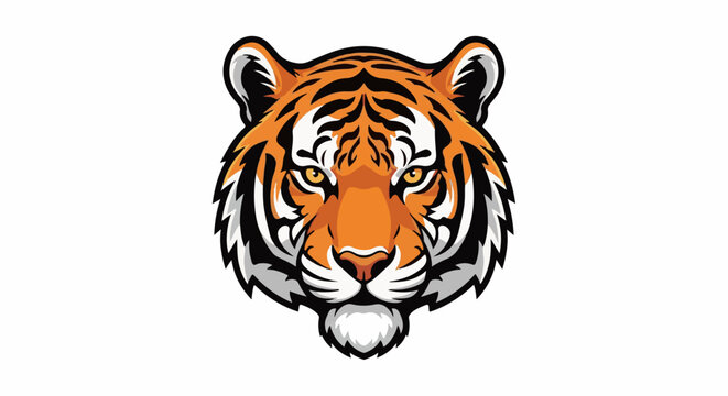 Fierce tiger mascot head, orange, black stripes, yellow eyes, white whiskers, black outline