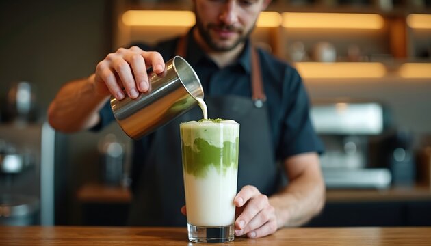 Barista makes layered matcha latte with oat milk in tall glass. Iced coffee beverage creation in cafe. Green tea drink preparation for sale.