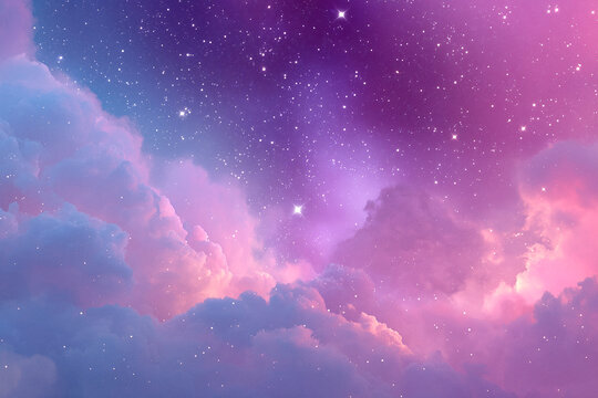 sternenhimmel galaxie mit pastellwolken in rosa und lila, kosmischer hintergrund mit sternen, universum, nebel, fantasy himmel, magischer nachthimmel, dreamy space art, astronomie