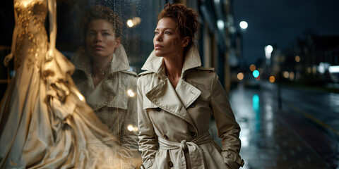 Obraz premium Multiracial woman in trench coat examining elegant gown through rainspattered glass