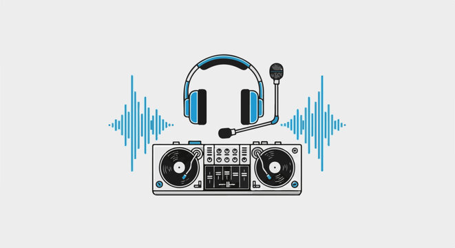 DJ setup with turntables, mixer, headphones, microphone, and sound waves