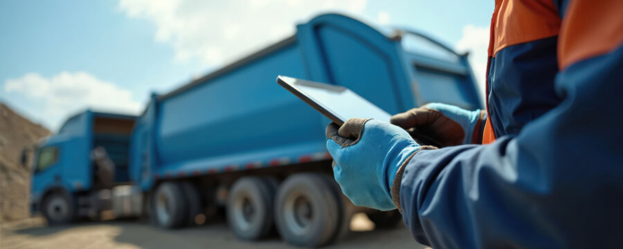 Worker in safety gear uses tablet near large blue garbage trucks at landfill. Digital technology aids waste management operations. Blue sky and dirt ground show outdoor industrial work.