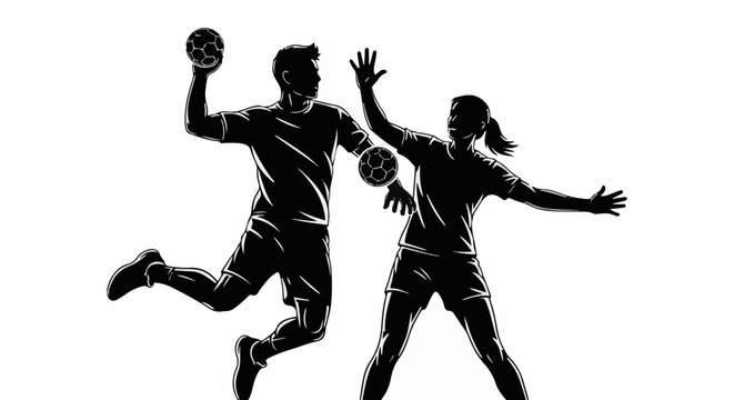 Dynamic black and white silhouettes of two handball players in action