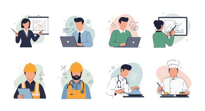 Diverse professionals in minimalist style presentation, tech work, construction, medical care, and culinary arts