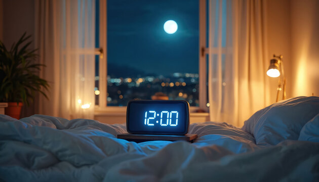 Digital clock shows 12 00 on bed in dark bedroom. Moon visible through window over city lights. Cozy atmosphere with warm lamp light and soft white bedding.