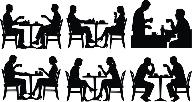 Black silhouette vector illustration showing pairs of people sitting at tables, drinking, dining, conversing, and social interaction scenes
