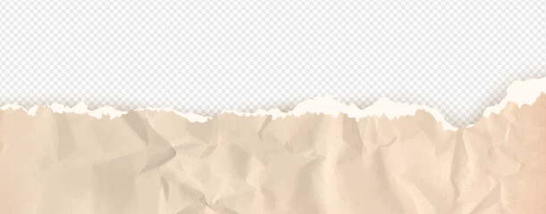 Cardboard horizontal top border with folded and torn paper beige teture. Rip note ripped with texture piece strip, notebook fold brown. Scrap page carton on like png bg with wrinkle edges for collage. © A_Y_N