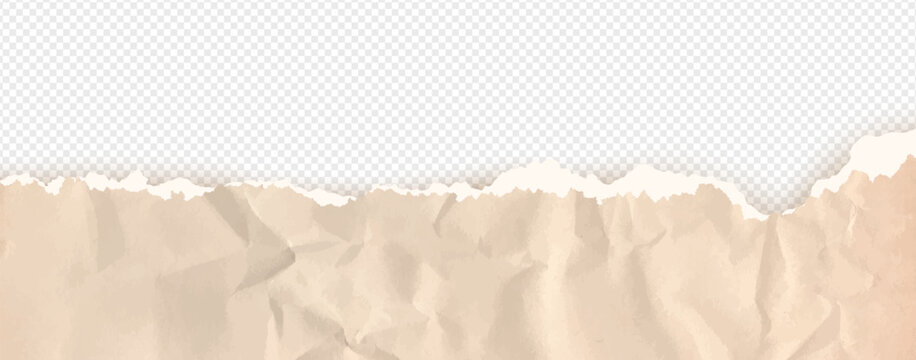 Cardboard horizontal top border with folded and torn paper beige teture. Rip note ripped with texture piece strip, notebook fold brown. Scrap page carton on like png bg with wrinkle edges for collage.