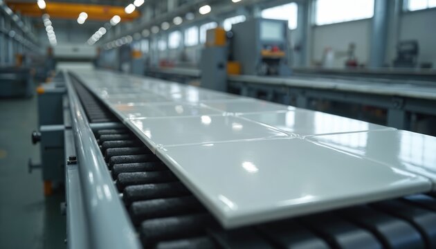 White glossy ceramic tiles move along a dark roller conveyor belt in a large modern factory. Automated production line carries building materials for construction and interior design.