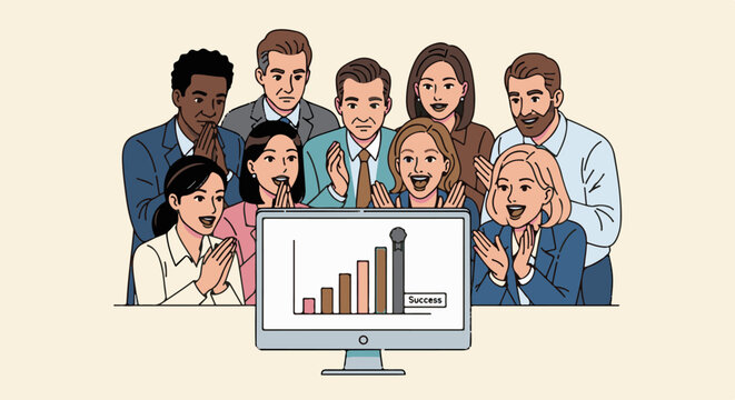 Diverse team applauds success shown on a computer screen displaying a bar graph