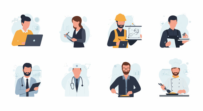 Eight stylized figures represent various professions business, construction, service, medical, and culinary