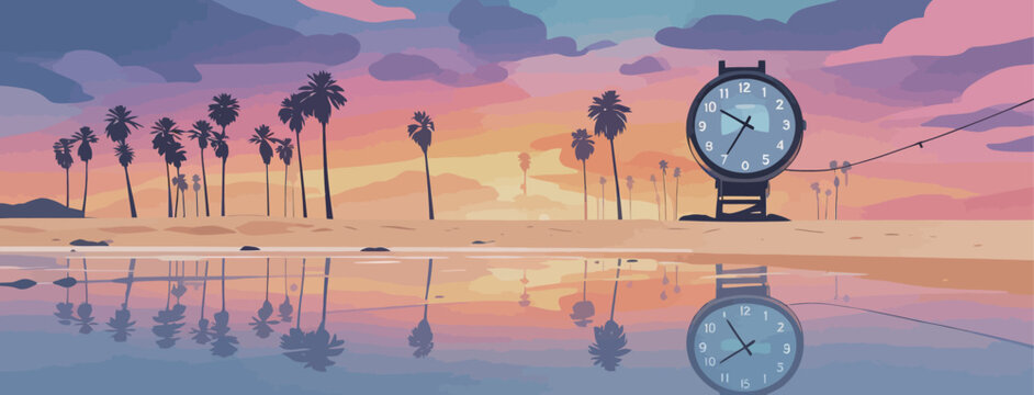 Palm Trees and Clock on Sunset Beach