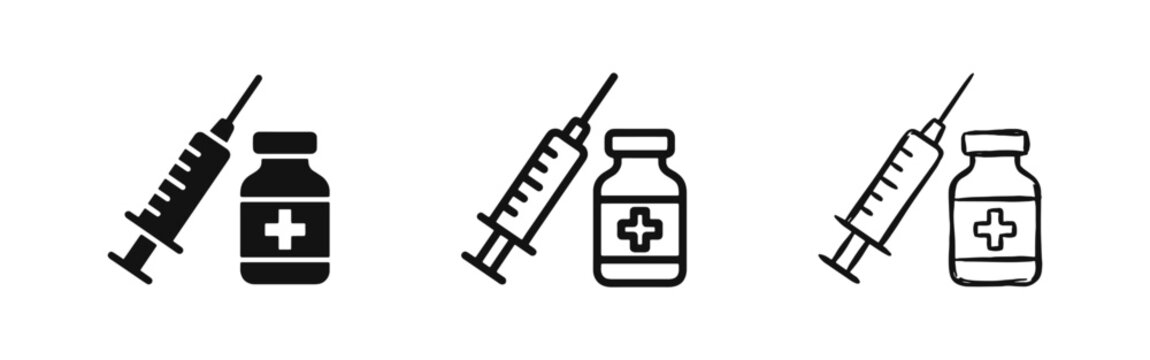 Medical syringe and vaccine bottle icons set isolated on white background