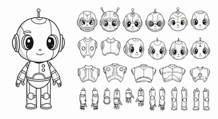 Fototapeta premium Various cartoon robot heads, torsos, and limbs for character customization