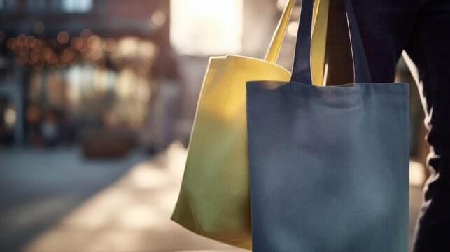 Person holding two shopping bags in their hands. the bags are blue and yellow in color and appear to be made of a canvas material.
