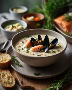 Irish seafood chowder with mussels and salmon, fresh herbs garnish, ceramic bowl, coastal aesthetic, served naturally on rustic ceramic plate. Traditional authentic food of Ireland. Irish northern coa