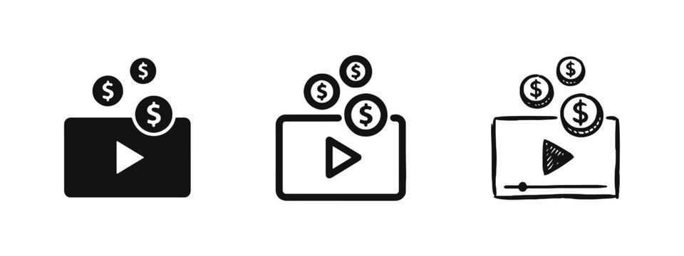 Video monetization icon set with play button and money coins in solid, outline, and hand-drawn styles