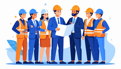 Obraz premium A diverse group of construction workers and architects collaborating on a blueprint project, representing teamwork and professional development in the industry
