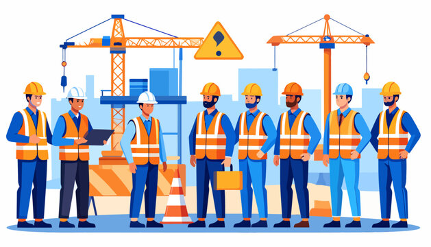 Construction workers standing together wearing hard hats and safety vests with cranes and a caution sign in the background, representing teamwork and a project in progress