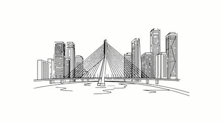 Obraz premium A sketched cityscape features a modern suspension bridge and tall buildings over water