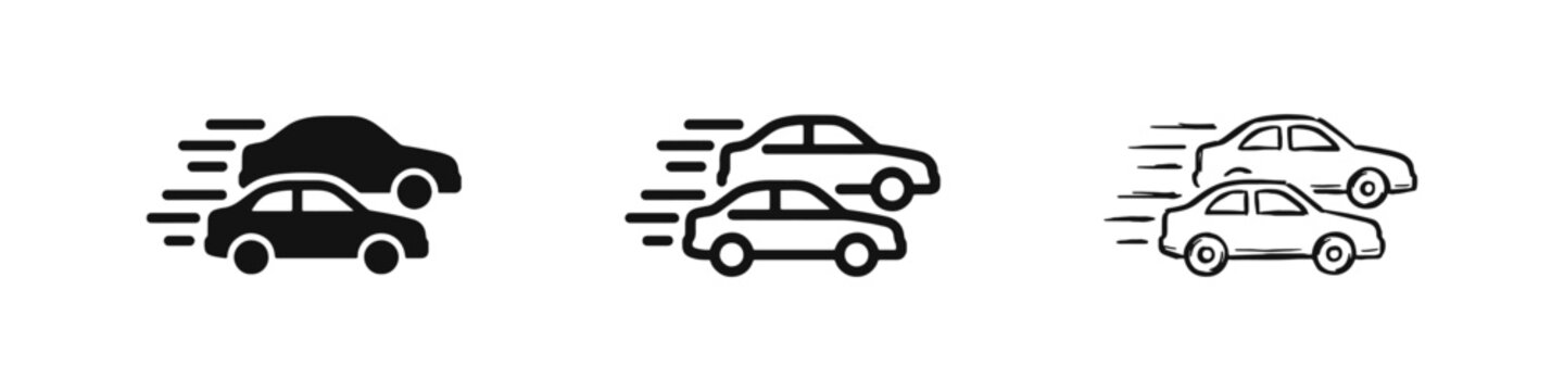 Fast moving car icon set depicting speed and racing in solid, outline, and doodle styles