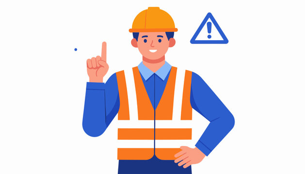 Construction worker in safety vest and helmet pointing a finger upward, with a warning sign in the background