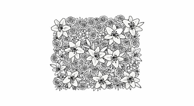 A dense, detailed, black and white drawing of a floral arrangement with lilies and roses