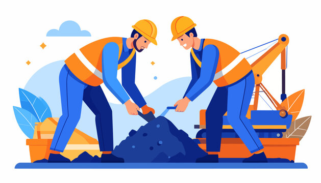 Two industrious construction workers diligently collaborate on a building site, using shovels to dig earth and operate heavy machinery for essential groundwork and project development