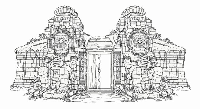 Ancient stone gate guarded by two imposing figures, entrance to a lost world
