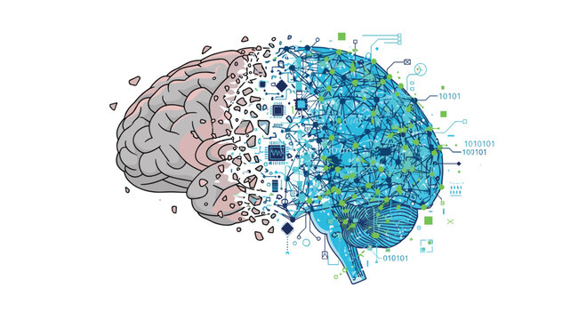 A human brain dissolves into a complex digital network of glowing nodes against a pristine white backdrop using a vibrant blue and green electric palette.