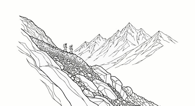 Two hikers ascend a steep, rocky mountain path with jagged peaks behind