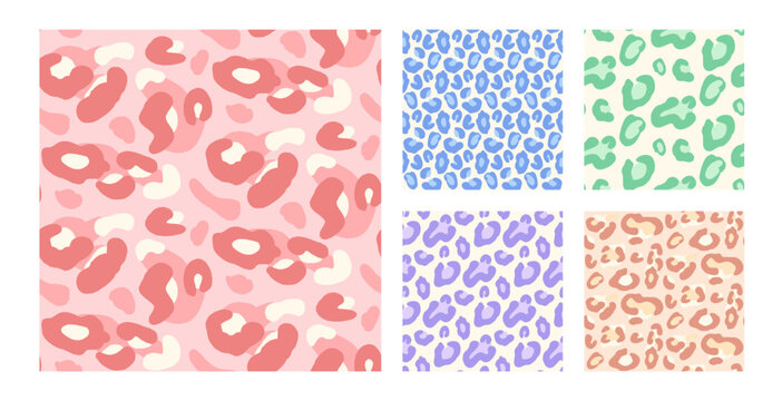 Pastel animal leopard print collection for fashion and cute coquette covers. Seamless monochrome pattern with naive animal spots on pastel background. Feminine vector set in pink, blue and purple tone