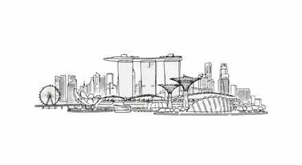 Naklejka premium Stylized black and white line drawing of a modern cityscape with iconic structures