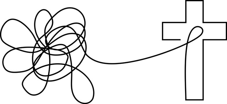 Tangled therapy vector line transforming into cross, christian counseling leads from chaos to jesus christ faith and repentance